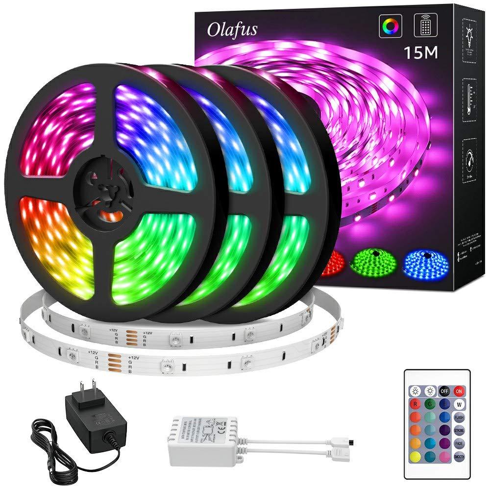 [AUSTRALIA] - Olafus 50ft RGB LED Strip Lights Kit, Dimmable Color Changing Light Strips, Flexible LED Tape Lights with Remote, 24V 15m Strip with 450 LEDs 5050, Colored Strip Lighting for Party, Bedroom Decoration 