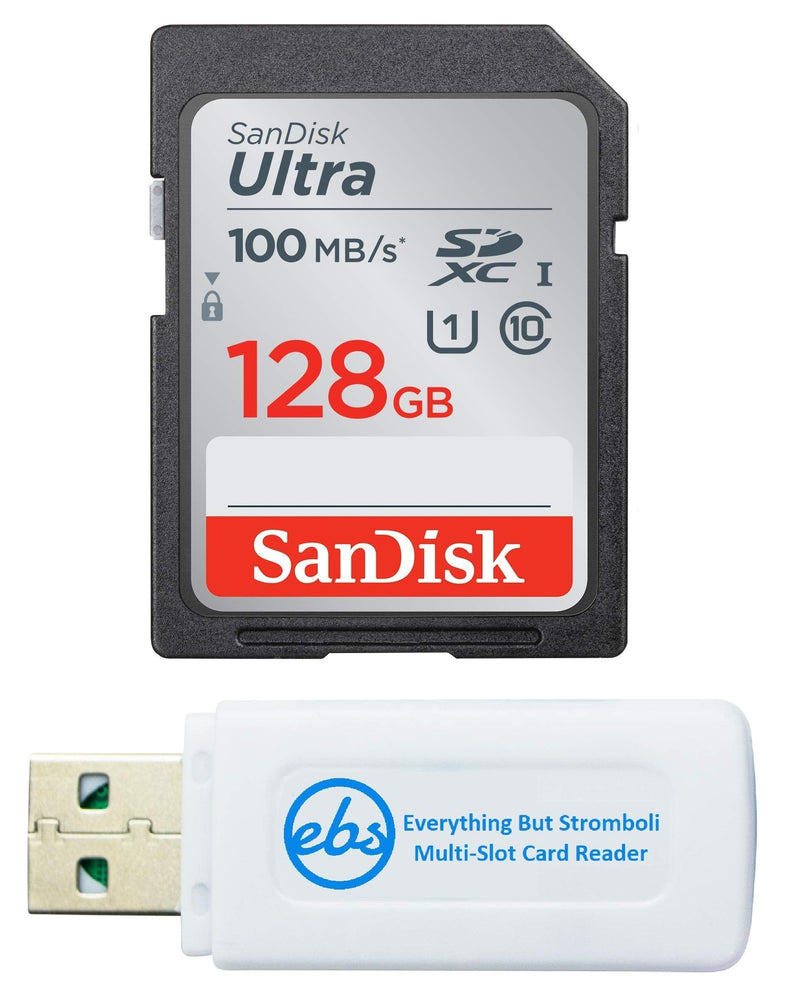 SanDisk 128GB SDXC SD Ultra Memory Card 100mb Works with Canon EOS 4000D / T100, EOS 90D, Rebel T7i Digital Camera Class 10 (SDSDUNR-128G-GN6IN) Bundle with (1) Everything But Stromboli Card Reader