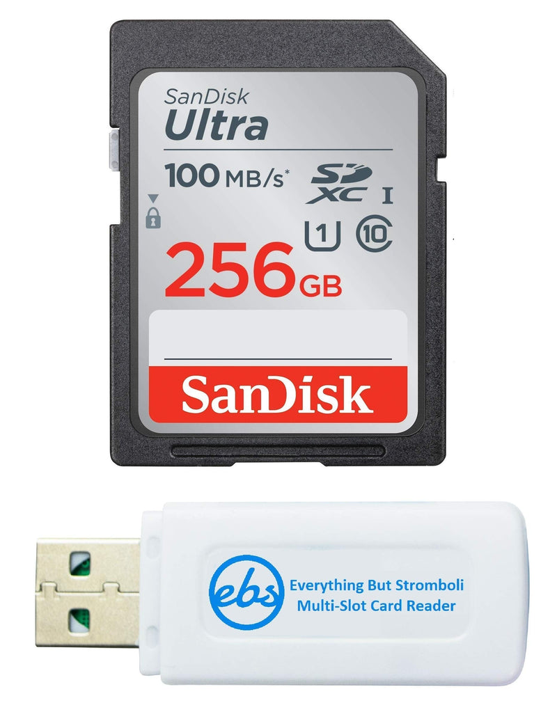 SanDisk 256GB SDXC SD Ultra Memory Card 100mb Works with Canon EOS 4000D / T100, EOS 90D, Rebel T7i Digital Camera Class 10 (SDSDUNR-256G-GN6IN) Bundle with (1) Everything But Stromboli Card Reader