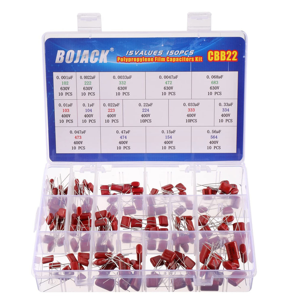 BOJACK 15 Values 150 Pcs Metallized Polypropylene Film DC Capacitor 400V/0.01uF ~ 0.56uF 630V/ 0.001uF ~ 0.068uF Assortment Kit