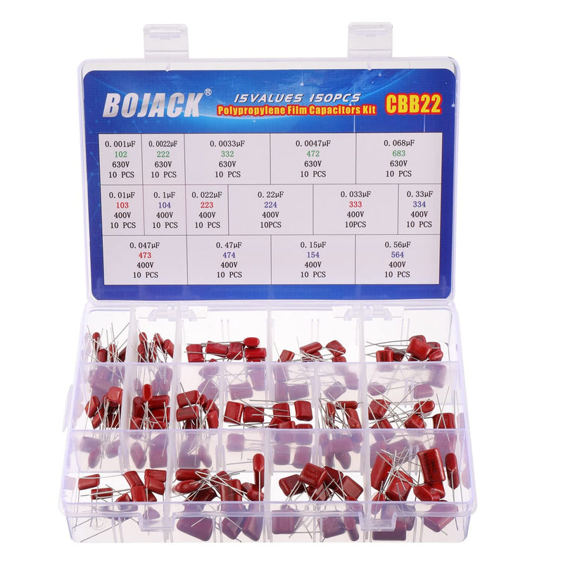 BOJACK 15 Values 150 Pcs Metallized Polypropylene Film DC Capacitor 400V/0.01uF ~ 0.56uF 630V/ 0.001uF ~ 0.068uF Assortment Kit