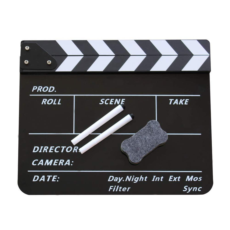 Coolbuy112 Movie Directors Clapboard, Photography Studio Video TV Acrylic Clapper Board Dry Erase Film Slate Cut Action Scene Clapper with a Magnetic Blackboard Eraser and Two Custom Pens, Black