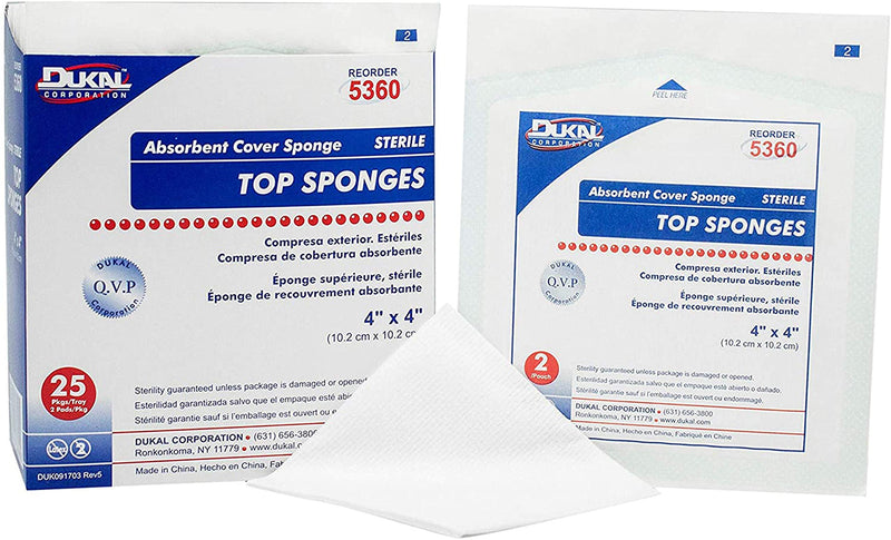 Dukal Top Sponges 4" x 4". Pack of 50 Absorbent Cover Sponges for Wound Care and Protection. Non-Woven Outer Facing, Cellulose Liners and Rayon Fill 4" x 4" / 50 Pack Sterile
