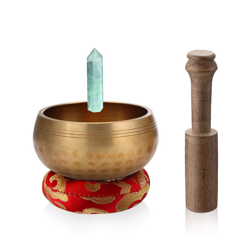 Innovahome Handmade Palm-Size 3.2 inches Tibetan Spiritual Healing Meditation Yoga Singing Brass Bowl Set ~with a Handmade Green Crystal 3.2 inch golden-red