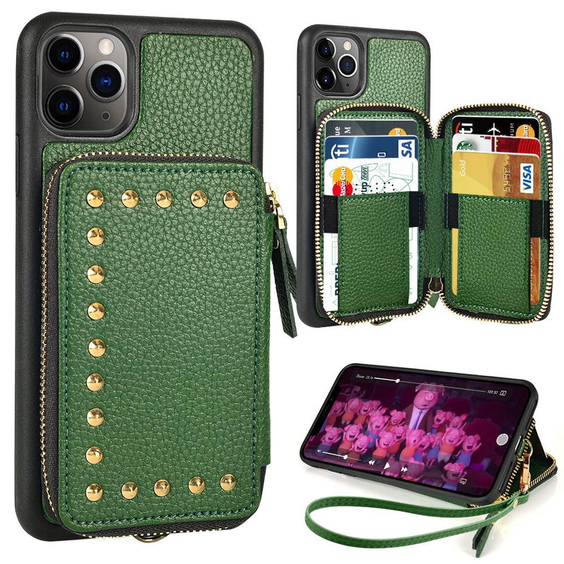iPhone 11 Pro Wallet Case, ZVE iPhone 11 Pro Case with Credit Card Slot Zipper Money Holders Rivet Design Purse Wrist Strap Protective Case Cover for Apple iPhone 11 Pro 5.8 inch - Dark Green