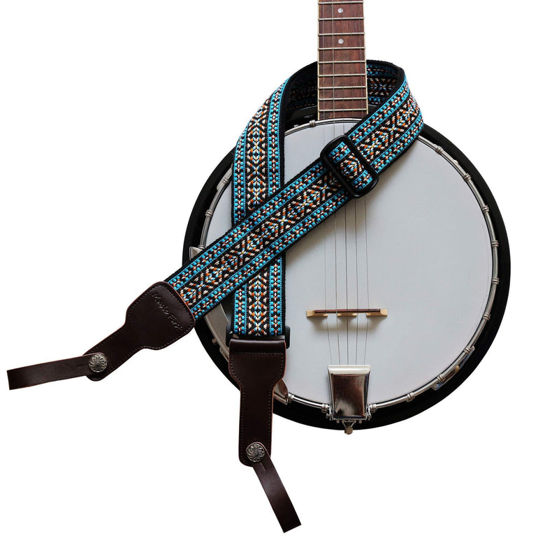 MUSIC FIRST Original Design, 2 inch width (5cm), Colorful Meshbelt & Genuine Leather Delux Banjo Strap, With 2 pieces of MUSIC FIRST Leather Strap Locker. (Blue Country Style) Blue Country Style