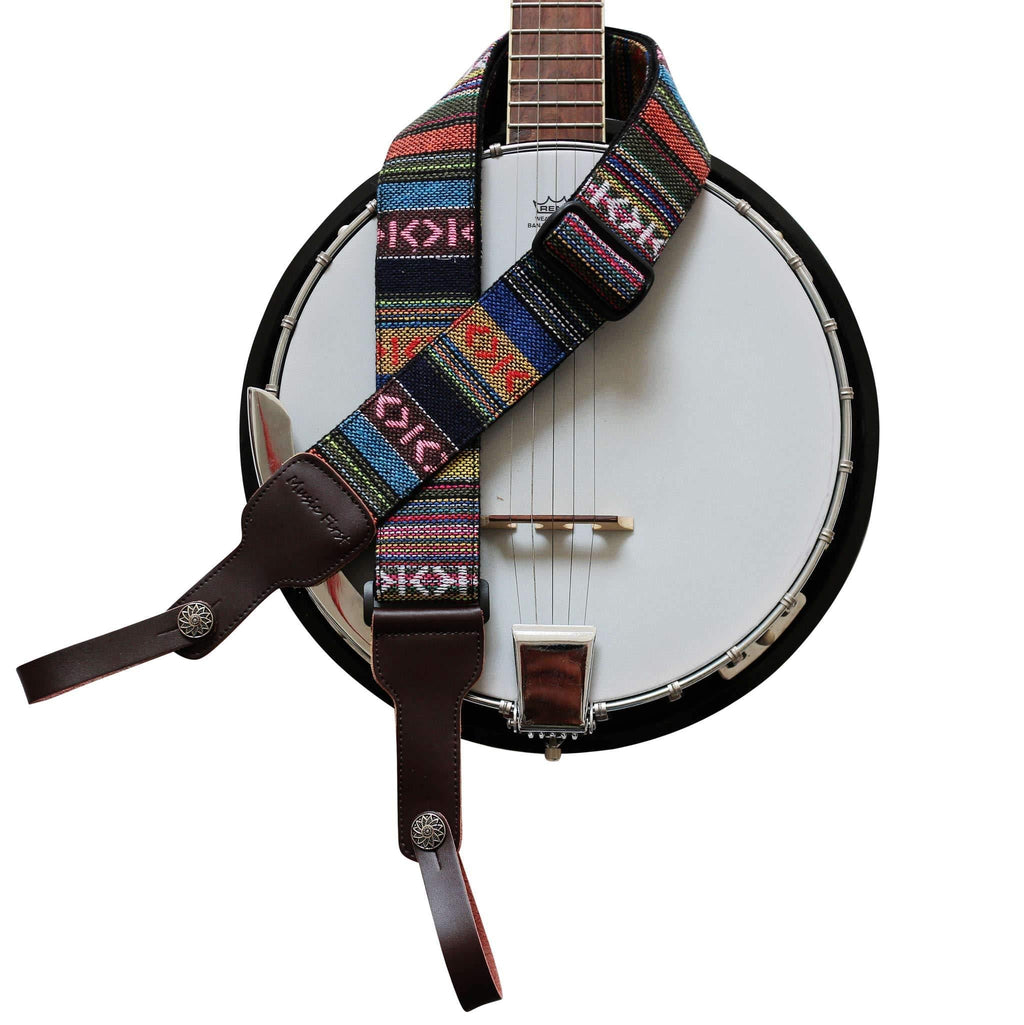 MUSIC FIRST Original Design, 2 inch width (5cm), Classic Country Style Soft Cotton & Genuine Leather Delux Banjo Strap, With 2 pieces of MUSIC FIRST Leather Strap Locker. (Classic Country Style)