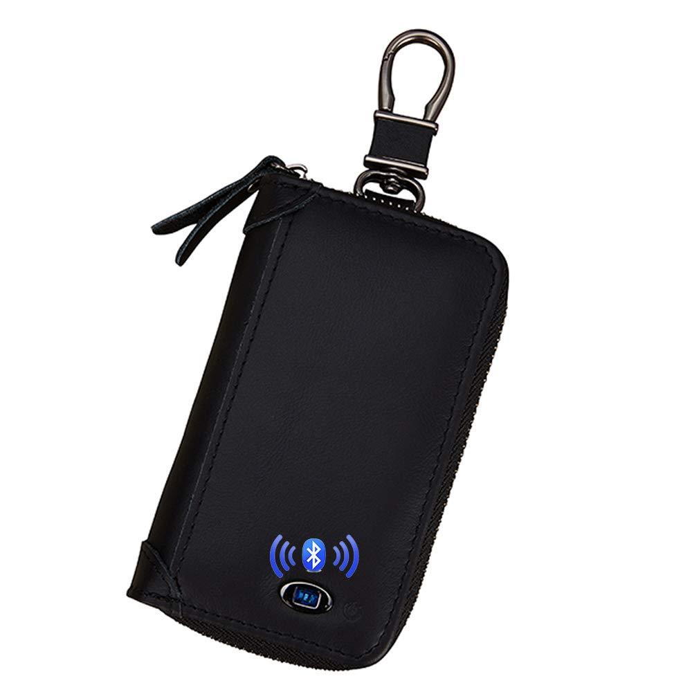 Smart LB Smart Anti-Lost Car Key Case with Alarm, Bluetooth, Position Record (via Phone GPS), Cowhide Leather Keychain Holder Metal Hook Zipper Bag Retro Style (Black) Black