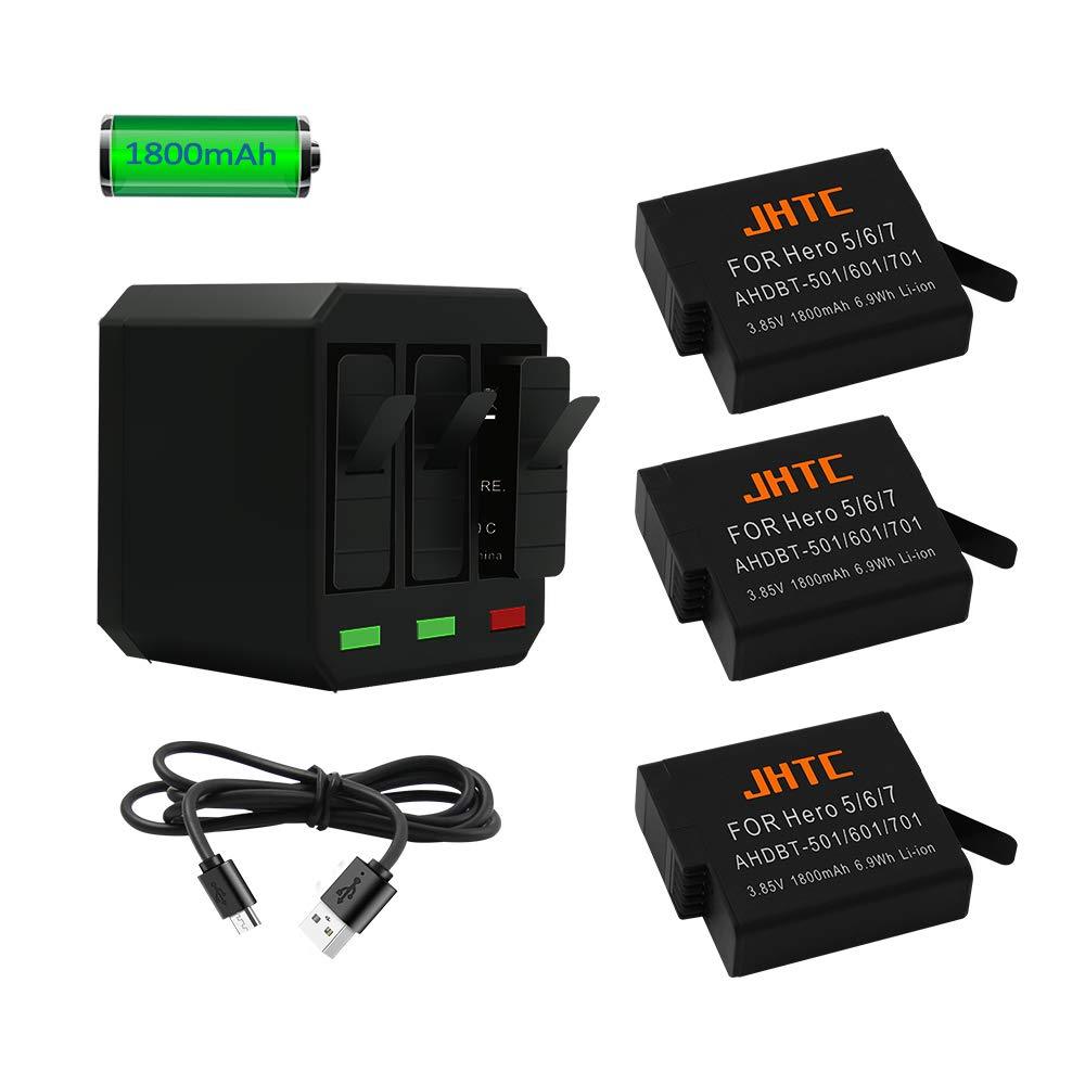 JHTC GoPro Rechargeable Battery 3 Packs x1500mAh and 3 -Channel LED USB Charger for Gopro Hero 5 Black,Hero 6 Black,Hero 7 Black ，Hero(2018),GoPro AHDBT-501(Fully Compatible with Original)
