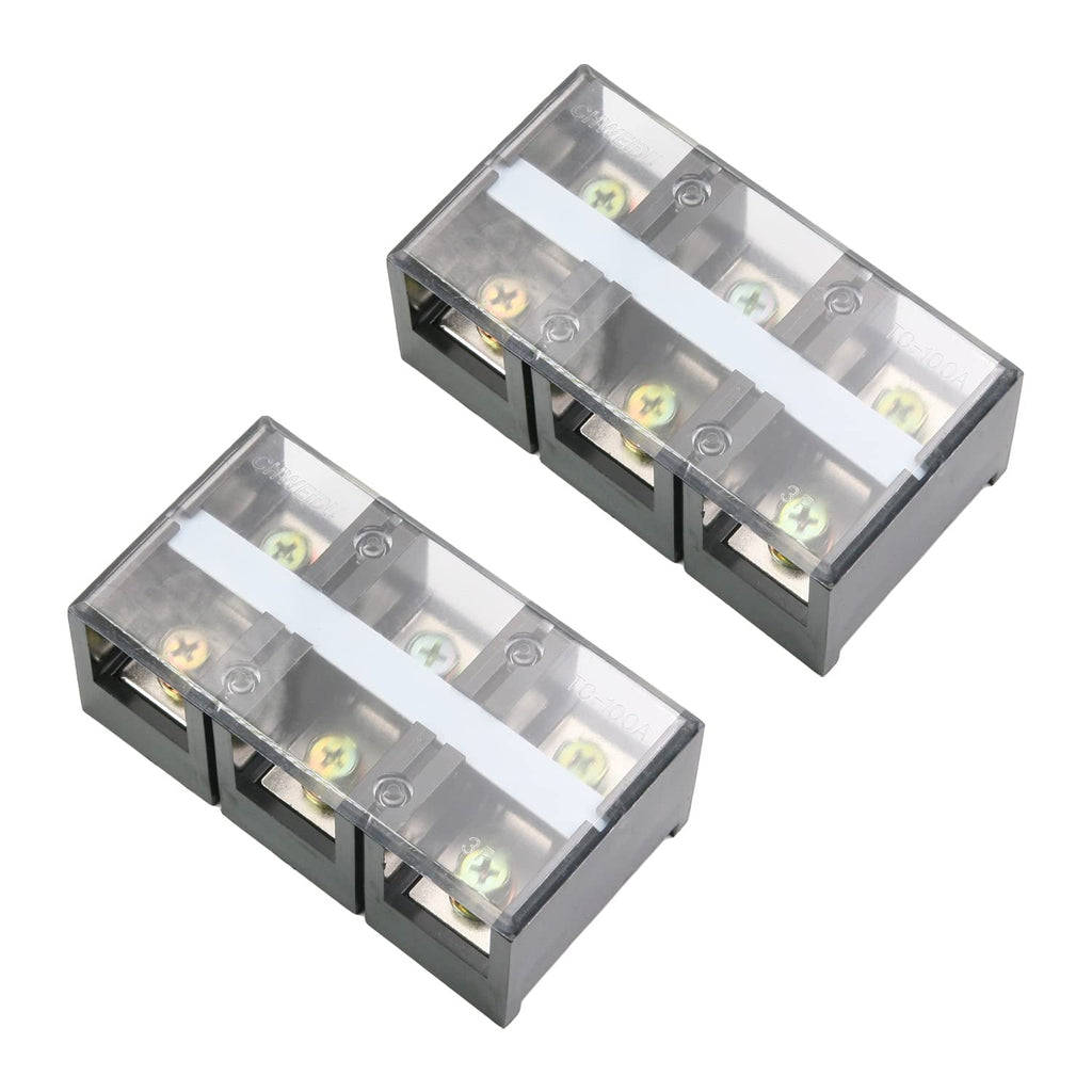 Fielect 2Pcs 3 Positions Dual Row 600V 100A Screw Terminal Strip Block with Cover Pre-Insulated Electric Terminals Barrier Strip Block, TC-1003 TC-100A/3P 2Pcs