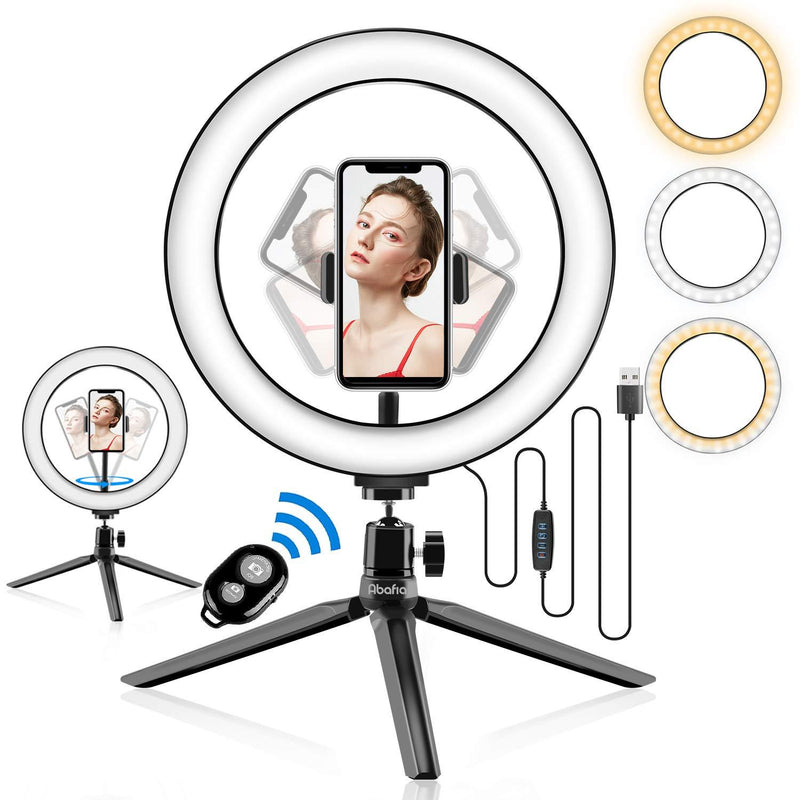 Abafia Mini Led Ring Light, Ring Light Tripod with Remote Control, 3 Color Mode and 10 Brightness Levels, Selfie Light 360 Degree Rotation for Live Streaming, Selfie, Video Shoot, Makeup （3.5-6.5''