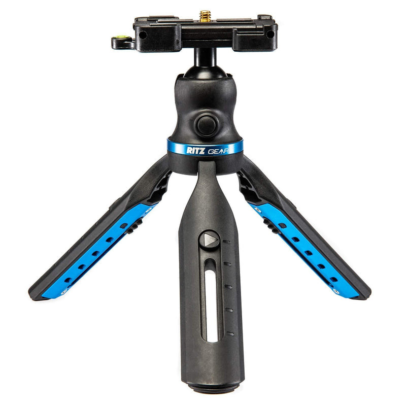 Ritz Gear Blue Anodized Aluminum/ABS Height-Adjustable Tabletop Tripod standard packaging