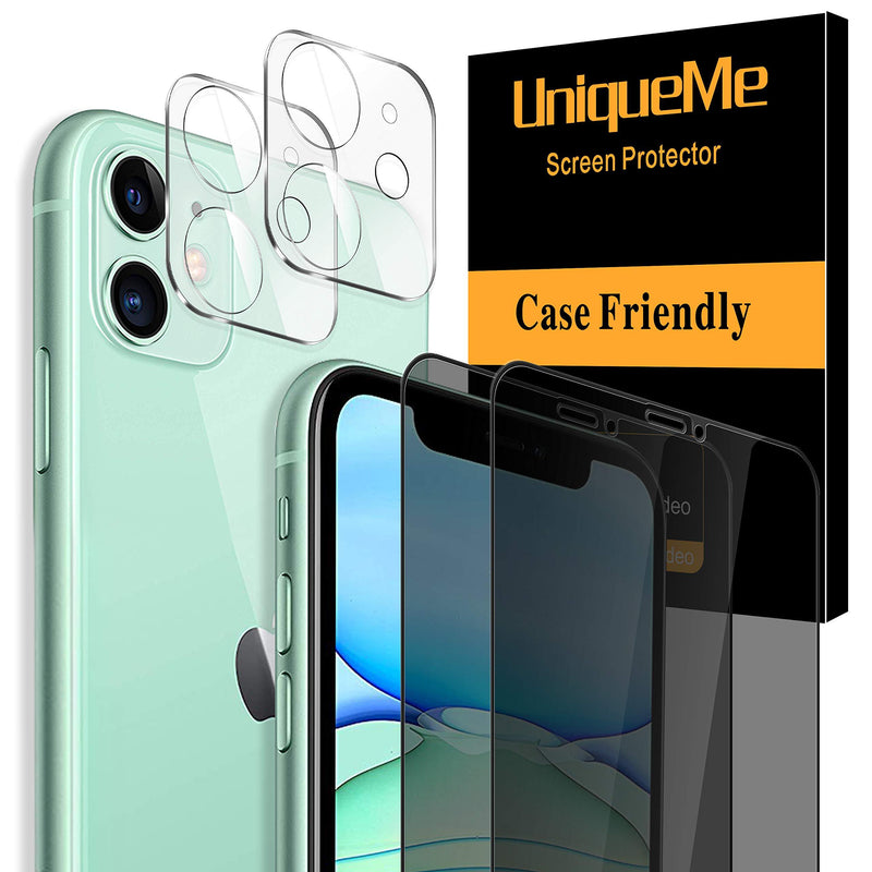 [4 Pack] UniqueMe Compatible with iPhone 11 6.1-inch, Privacy Tempered Glass Screen Protector and Camera Lens Protector Anti Spy, HD 9H Hardness, Easy Frame Installation