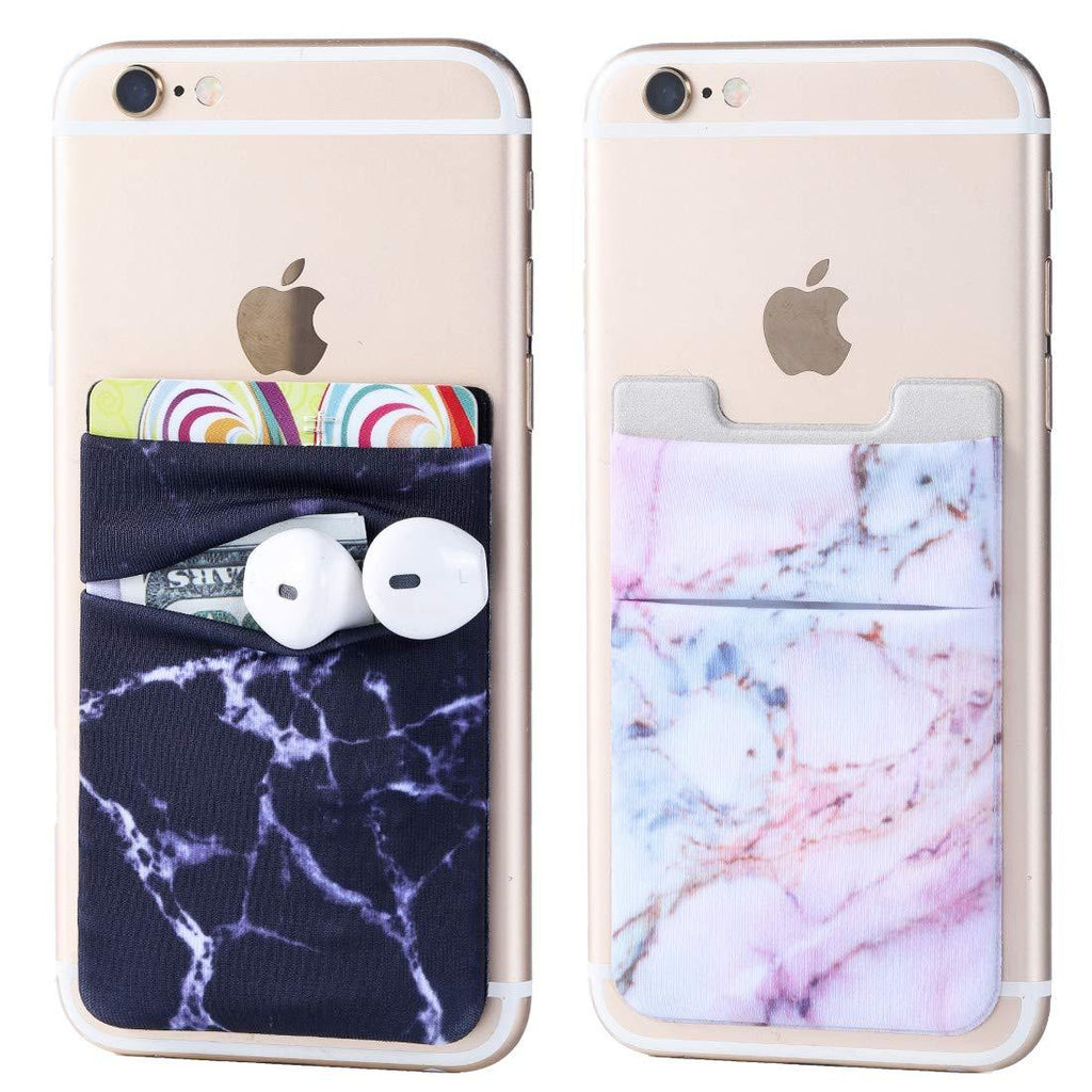 2Pack Phone Card Holder Stretchy Lycra Stick on Wallet Double Pocket Credit Card ID Case Pouch Sleeve 3M Adhesive Sticker for Back of iPhone Android Smartphone (Black&Purple Marble Double Pocket) Black&Purple Marble Double Pocket