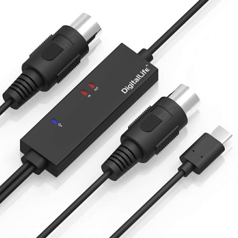 [AUSTRALIA] - USB Type-C MIDI Cable - DigitalLife USB-C to MIDI Cable with LED Indicator (5-Pin, 1 in/Out, MIDI-C01,Black) 