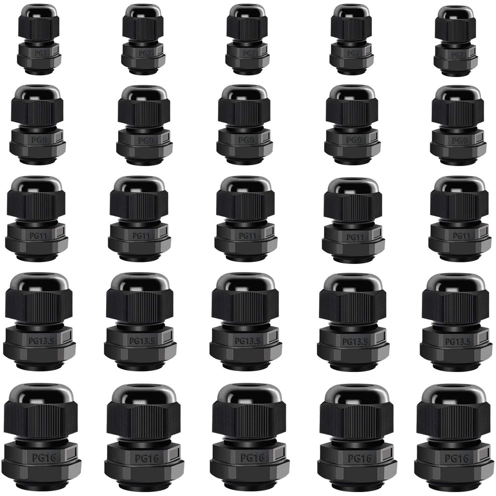 mxuteuk 25 Packs Cable Glands Cable Connectors Plastic Nylon Wire Protectors Joints Waterproof Adjustable Black With Gaskets PG7, PG9, PG11, PG13.5, PG16 (5 each) PG-5S-5BK