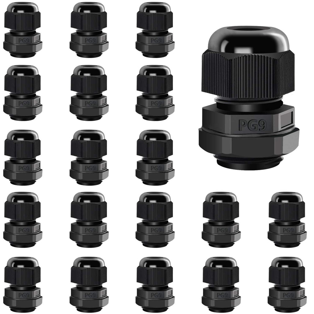 mxuteuk 20 Packs PG9 Cable Glands 4-8.2mm Cable Connectors Plastic Nylon Wire Protectors Joints Waterproof Adjustable Black With Gaskets PG9-BK