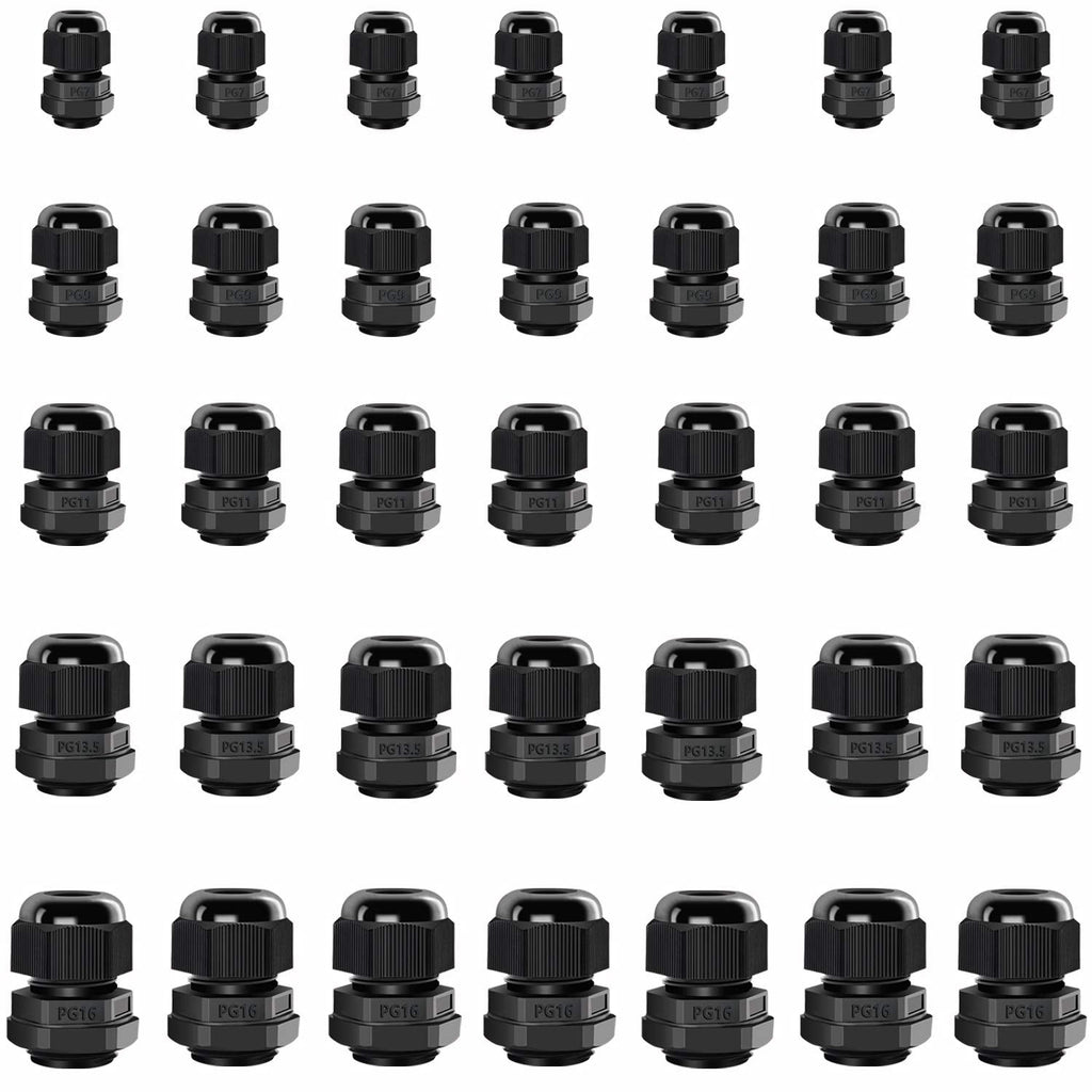 mxuteuk 35 Packs Cable Glands Cable Connectors Plastic Nylon Wire Protectors Joints Waterproof Adjustable Black With Gaskets PG7, PG9, PG11, PG13.5, PG16 (7 each) PG-5S-7BK