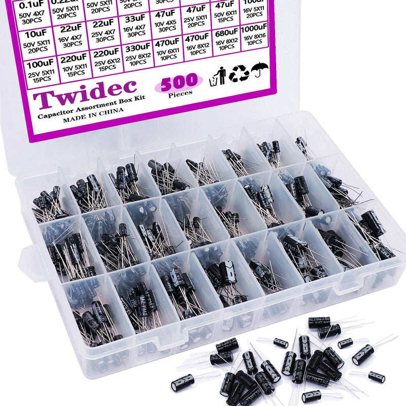 Twidec/500Pcs Aluminum Electrolytic Capacitor Assortment Box Kit 24Value 0.1uF－1000uF Different Range 10V/16V/25V/50V Radial Leads Electrolytic Capacitors for Repair TV, Radio, Microwave etc