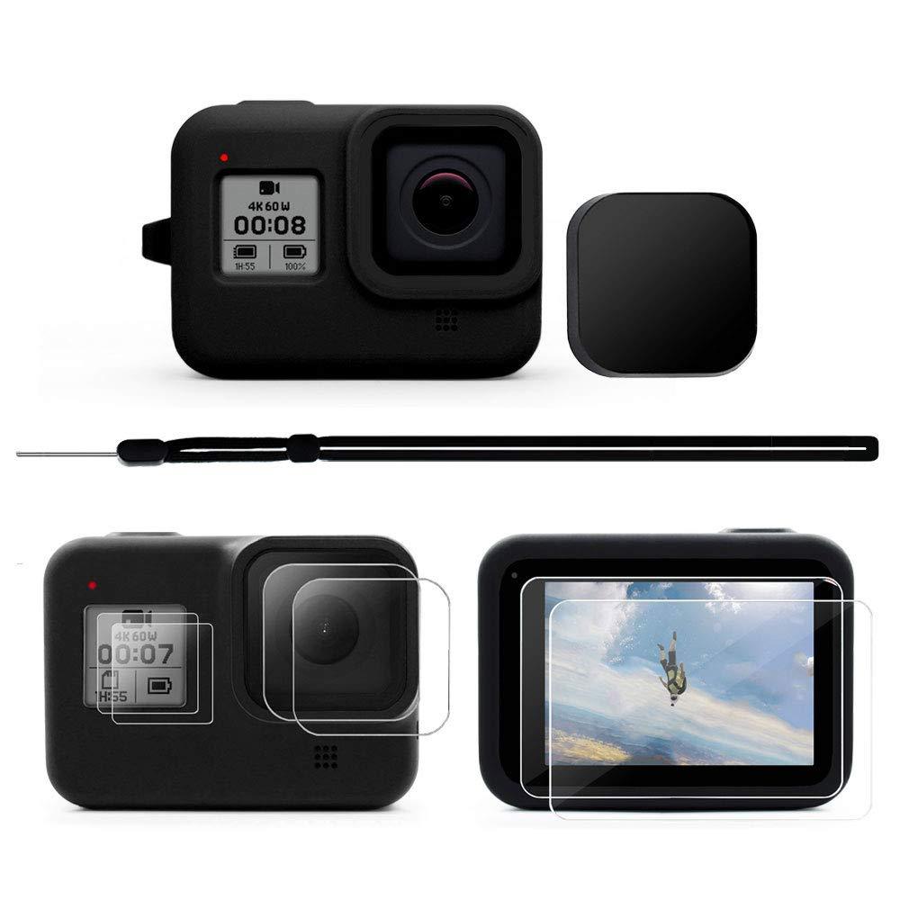 MAXCAM Accessories Kit for GoPro Hero 8 with Silicone Rubber Protective Case + Lens Cap + Ultra Clear Tempered Glass Screen Protector + Display HD Lens Protector with GoPro Hero 8