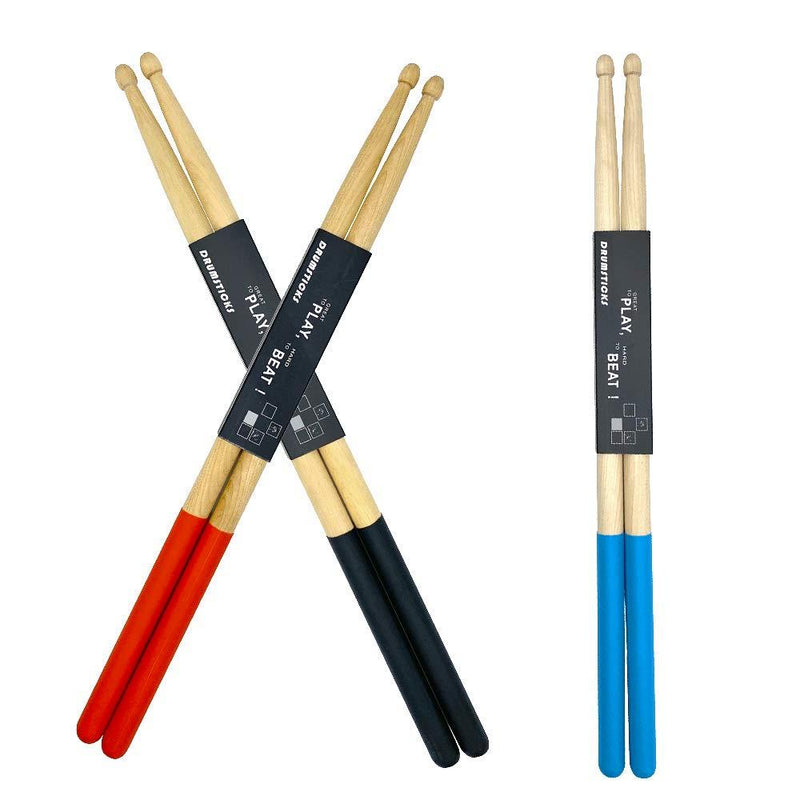 3 Pairs Drum Sticks with Non-Slip Rubber Handle, FutGlobal 5A Maple Drumsticks- Black, Red, Blue