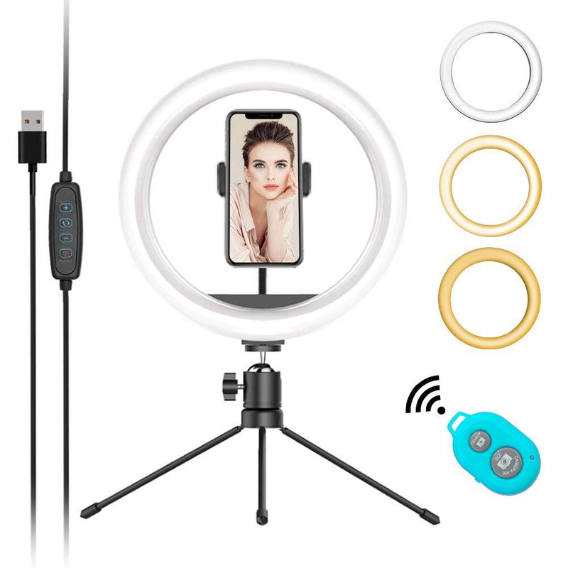 Mountdog 10" Selfie Circle Ring Light with Stand and Phone Holder Dimmable 3 Light Modes&11 Brightness Levels Remote Control Desktop USB for Photography Makeup YouTube Video Live Streaming