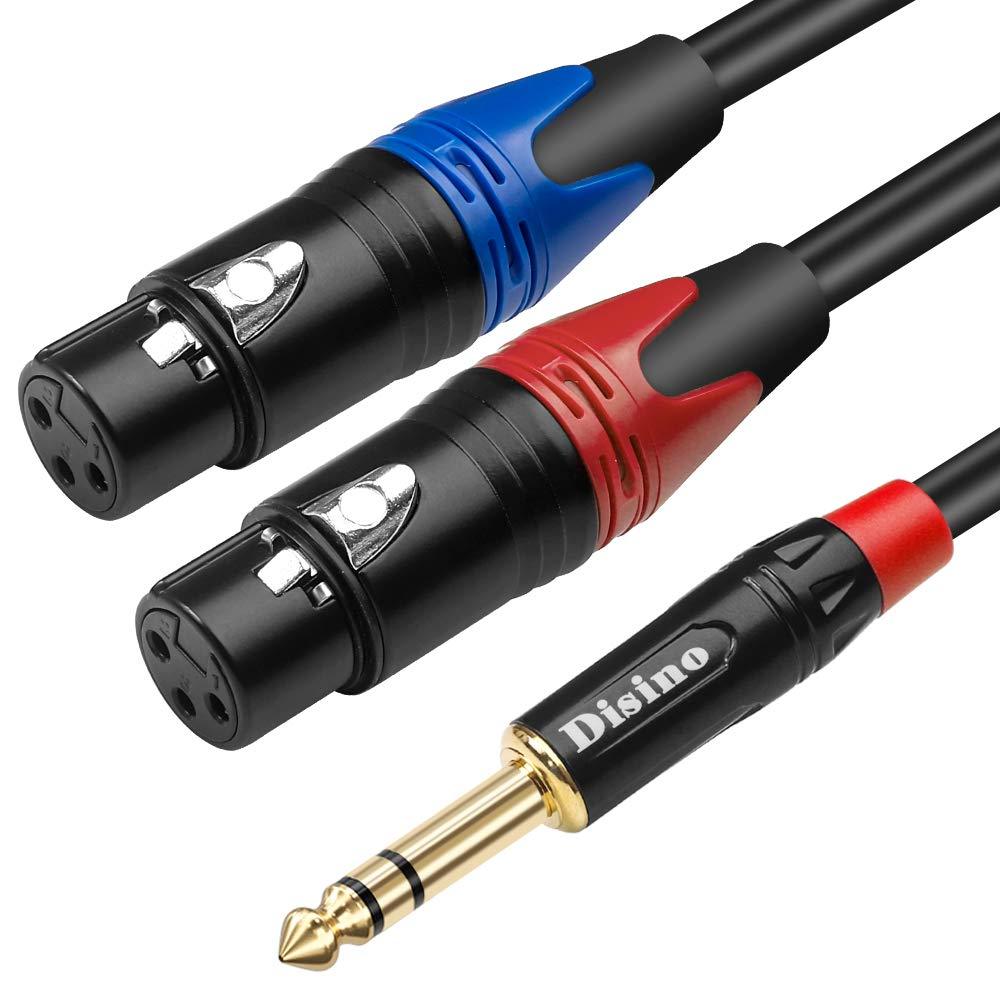 DISINO Dual Female XLR to 1/4 inch(6.35mm) TRS Stereo Male Plug Y-Splitter Cable, Unbalanced 2-XLR Female to Quarter inch Adapter Patch Cord - 3.3 Feet /1 Meter