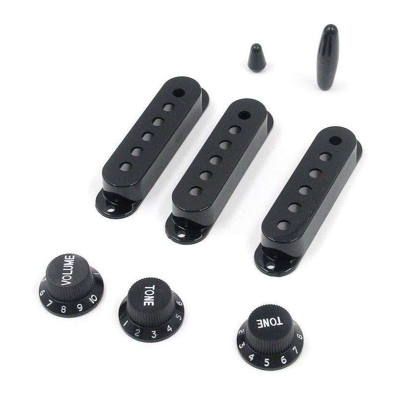 Geesatis Electric Guitar Pickup Cover Tone Volume Knob Bar Cap Switch Tip, Includes 3 pcs 6-Hole Single Coil Switch Set, 1 pcs Volume, 2 pcs Tone, 1 pcs Switch Tip,1 pcs Bar Cap, Black