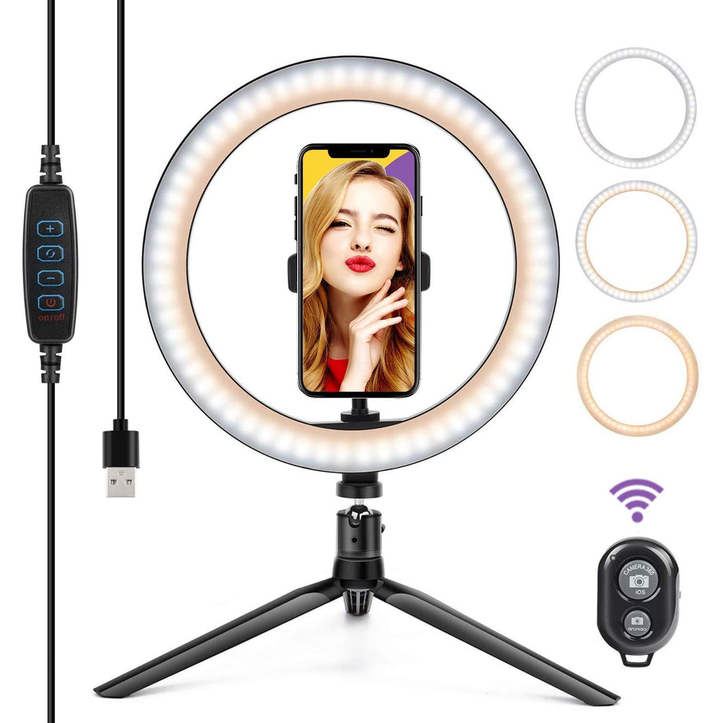 GSBLUNIE 10'' LED Ring Light,Selfie Ring Light with Tripod Stand &  Phone Holder,3 Light Modes,11 Brightness Level,Led Camera Ringlight for Makeup,Live Stream,YouTube Video,Photography