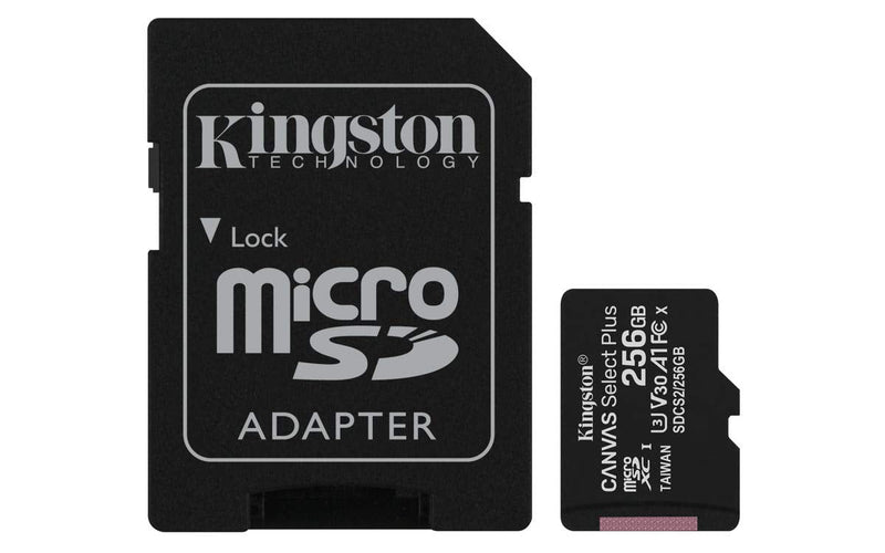 Kingston 256GB microSDHC Canvas Select Plus 100MB/s Read A1 Class 10 UHS-I Memory Card + Adapter with Frustration Free Packaging (SDCS2/256GBET) microSD Card Fast (Up to 100 MB/s)