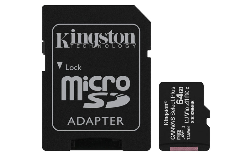 Kingston 64GB microSDHC Canvas Select Plus 100MB/s Read A1 Class 10 UHS-I Frustration Free Packaging Memory Card + Adapter (SDCS2/64GBET) microSD Card Fast (Up to 100 MB/s)