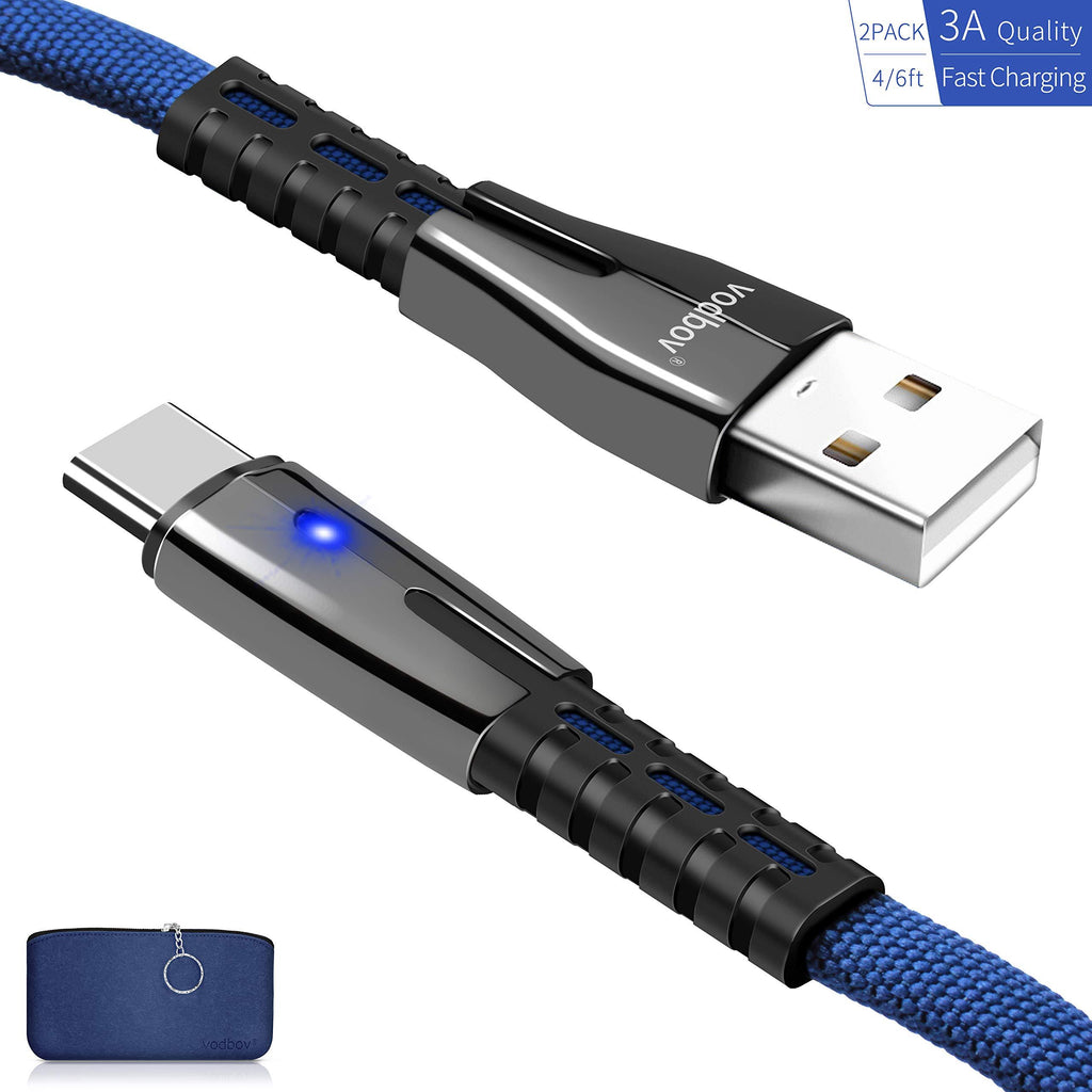 Micro USB Cable with led 2Pack Data Sync (4ft+6ft+Mobile Phone Bag) vodbov Flat braiding Braided Cord Cable Fast Charging for Samsung, Kindle, Android Smartphones, Galaxy S7 Edge(Dark Blue)