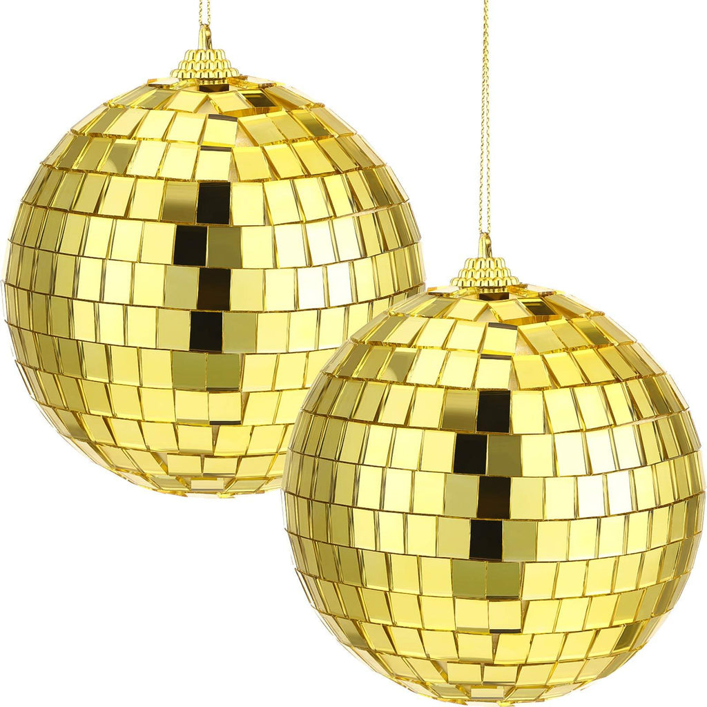 2 Pieces Mirror Disco Ball, 70's Disco Party Decoration, Hanging Ball for Party or DJ Light Effect, Home Decorations, Stage Props, Game Accessories (Gold, 4 Inch)