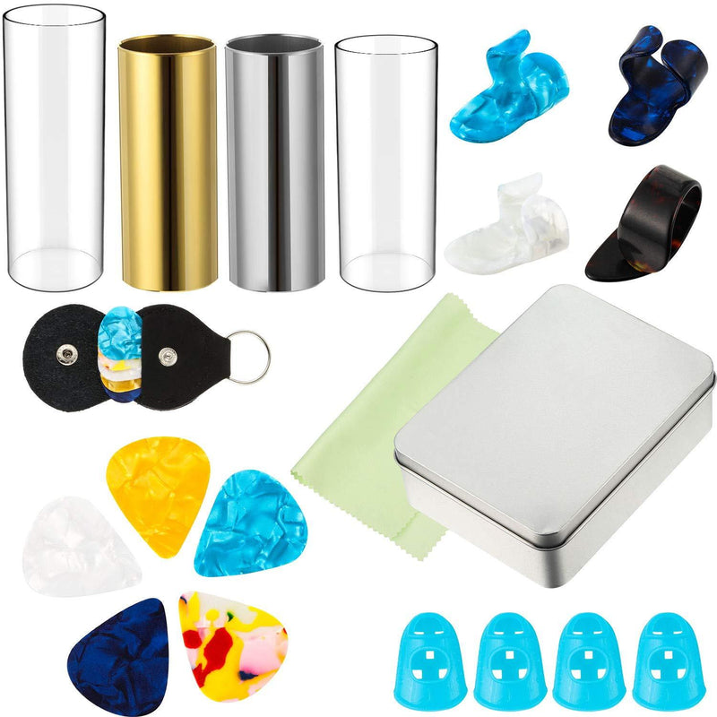 4 Pieces Medium Guitar Slides (2 Colors Stainless Steel, 2 Glass) 5 Pieces Guitar Picks 4 Piece Plastic Thumb or Finger Picks 4 Finger Pick Protectors with Cleaning Cloth and Pick Bag in a Metal Box