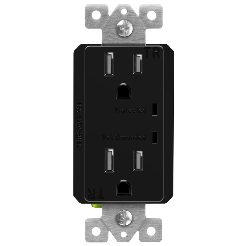 TOPGREENER Surge Protector Receptacle with Grounding Indicator, Child Safe, Tamper-Resistant, Self-Grounding, 900 Joules, 2-Pole, 15A 125V, UL Listed, TGTRSS215R-BK, Black 15 Amp Black