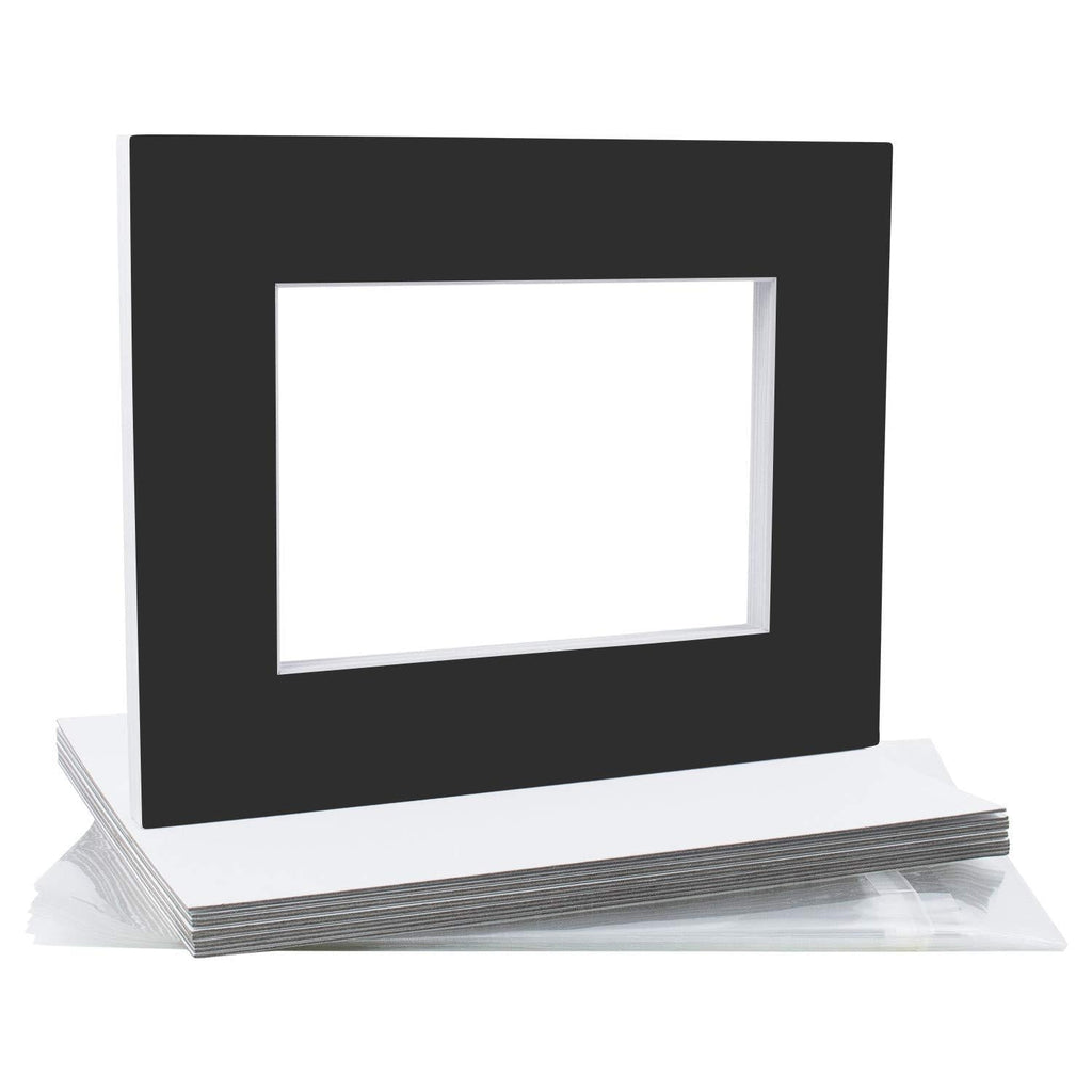 MBC MAT BOARD CENTER, Pack of 10-8x10 Pre-Cut 5x7 - Black Mats - for Pictures, Photos, Framing - Kit Includes: 10 White Backboards and 10 Clear Bags - Acid Free, 4-ply Thickness, White Core 8x10 for 5x7