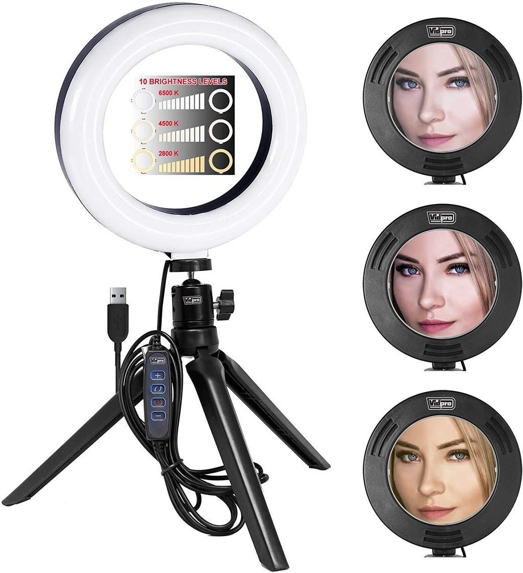 Vidpro RL-6 6" Inch LED Ring Light Kit with Mini Tripod and Ball Head. USB Powered for Portraits, Makeup, Modelling, Vloggers, Macro Photos and YouTube. Variable Color Temperature 2800K 4500K 6500K