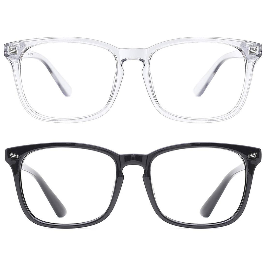 TIJN Blue Light Blocking Glasses for Women Men Clear Frame Square Nerd Eyeglasses Anti Blue Ray Computer Screen Glasses Transparent+black(2 Pack)