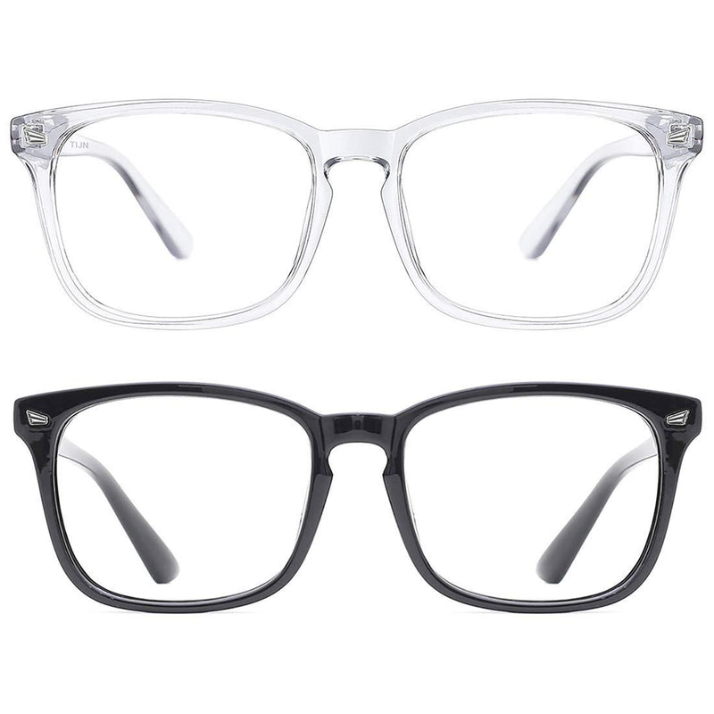 TIJN Blue Light Blocking Glasses for Women Men Clear Frame Square Nerd Eyeglasses Anti Blue Ray Computer Screen Glasses Transparent+black(2 Pack)