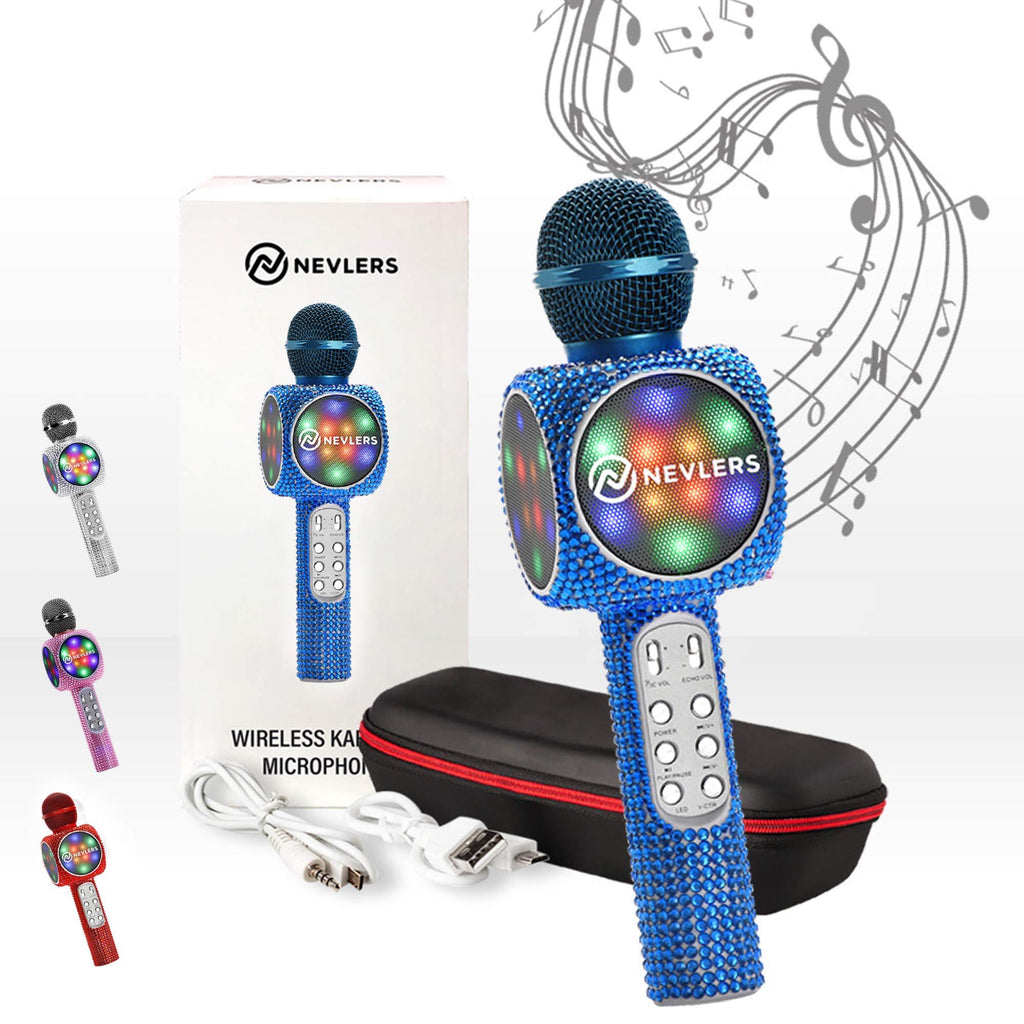 [AUSTRALIA] - NEVLERS Karaoke Microphone with Wireless Bluetooth Speaker, Voice Changer and Colorful LED Lights, Easy to Use Portable Karaoke Machine for Kids and Adults - Blue Bling 