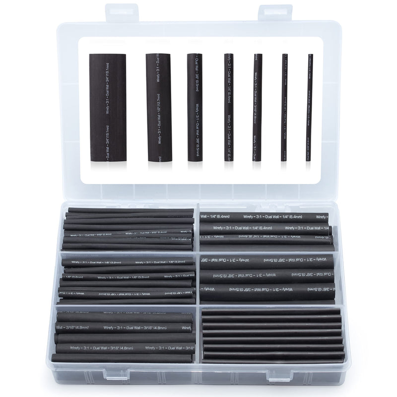 Wirefy Heat Shrink Tubing Kit - 3:1 Ratio Adhesive Lined, Marine Grade Shrink Wrap - Industrial Heat-Shrink Tubing - Black 180 PCS