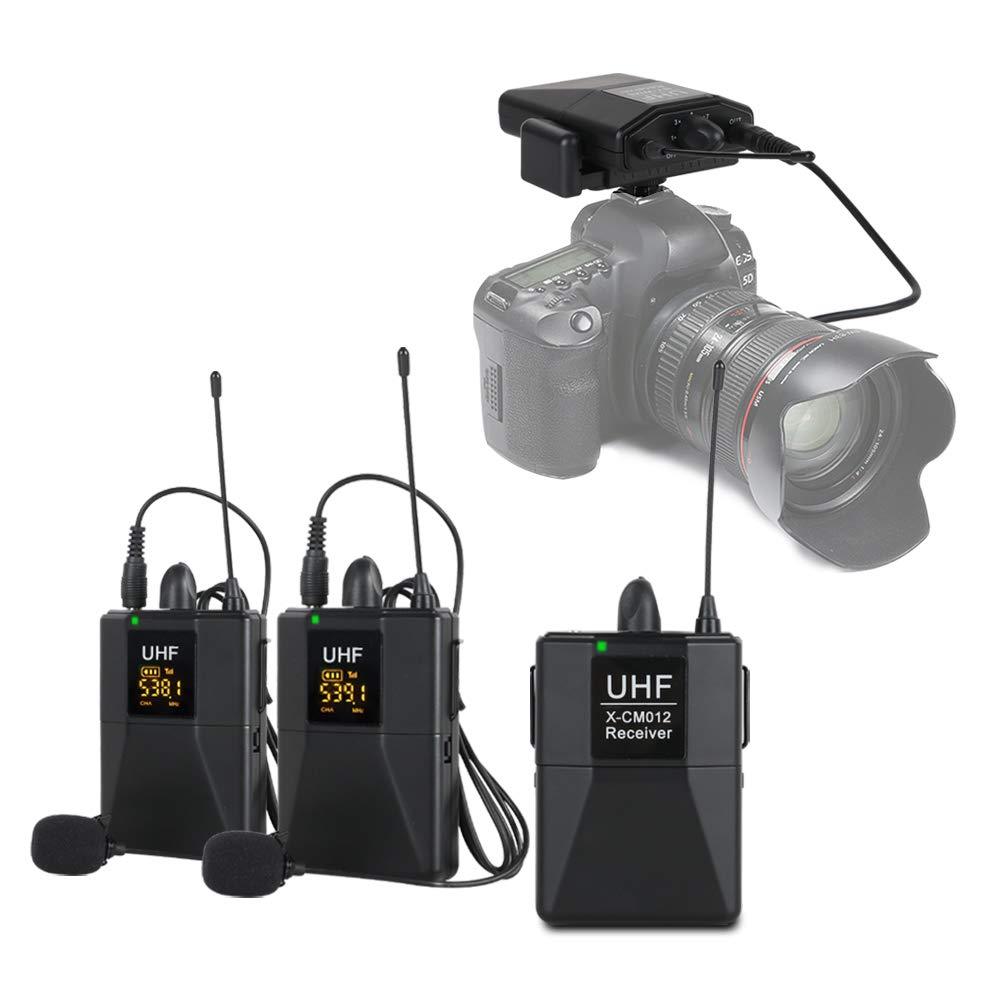 [AUSTRALIA] - XTUGA X-CM012 UHF Dual Wireless Lavalier Microphone, UHF Lapel Mic System with 16 Selectable Channels Come with Two 3.5mm Cables up to 164ft Range for DSLR Camera/DV/Camcorders/Audio Recorder 