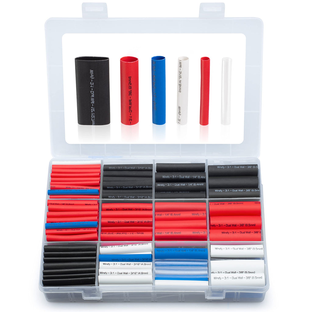 Wirefy Heat Shrink Tubing Kit - 3:1 Ratio Adhesive Lined, Marine Grade Shrink Wrap - Automotive Industrial Heat-Shrink Tubing - Black, Red, White, Clear, Blue - 275 PCS