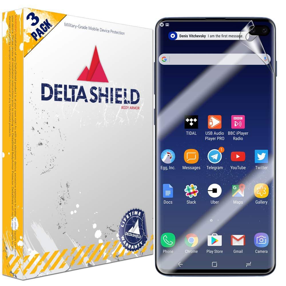 DeltaShield Screen Protector for Samsung Galaxy S10 Plus (S10+ 6.4 inch) (3-Pack) (Case Friendly B) BodyArmor Anti-Bubble Military-Grade Clear TPU Film