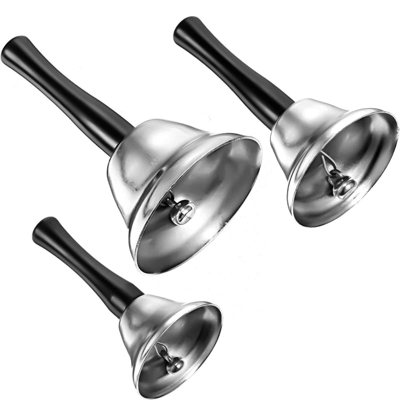 3 Pieces Steel Handbell Hand Bell Call Bell Black Wooden Handle Diatonic Metal Bells Musical Percussion (Silver) Silver