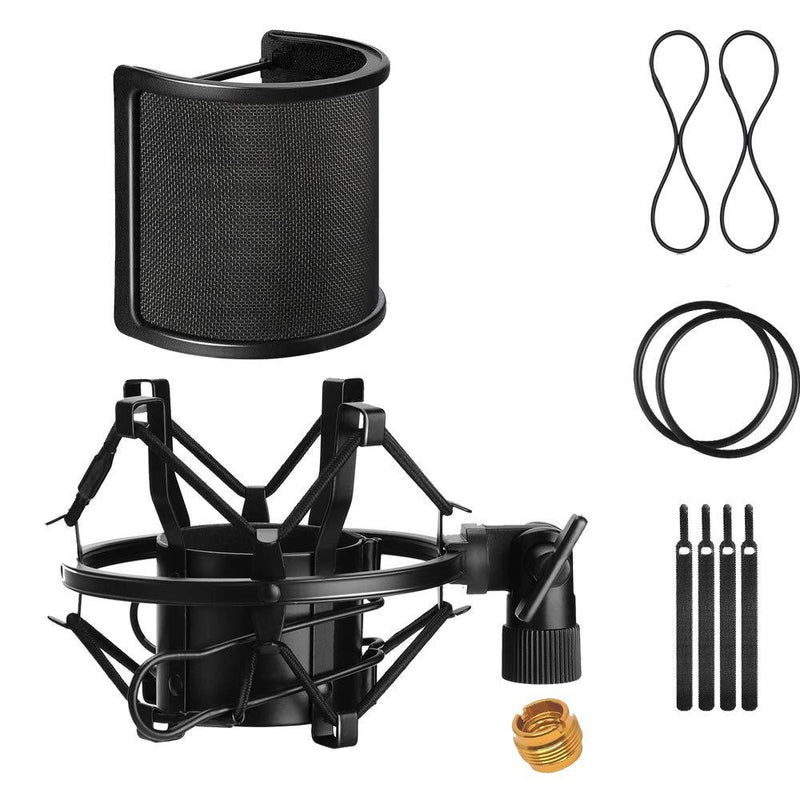 [AUSTRALIA] - Microphone Shock Mount with Pop Filter, Anti-Vibration Suspension Universal Microphone Mount Holder for 46mm-53mm Diameter Mic with Screw Adapter Cable Ties Black 