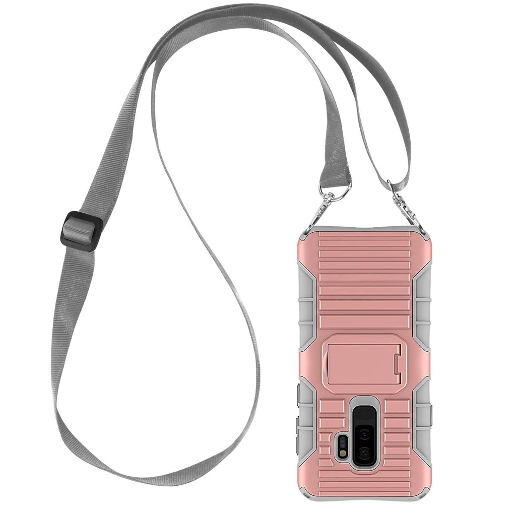 E-Tree Crossbody Lanyard Case for Samsung Galaxy S9 with Kickstand, Shockproof Dual Layered (Hard PC with Soft TPU), Anti-Lost Detachable Necklace Strap for Kids Elderly Outdoors, etc Pink for S9