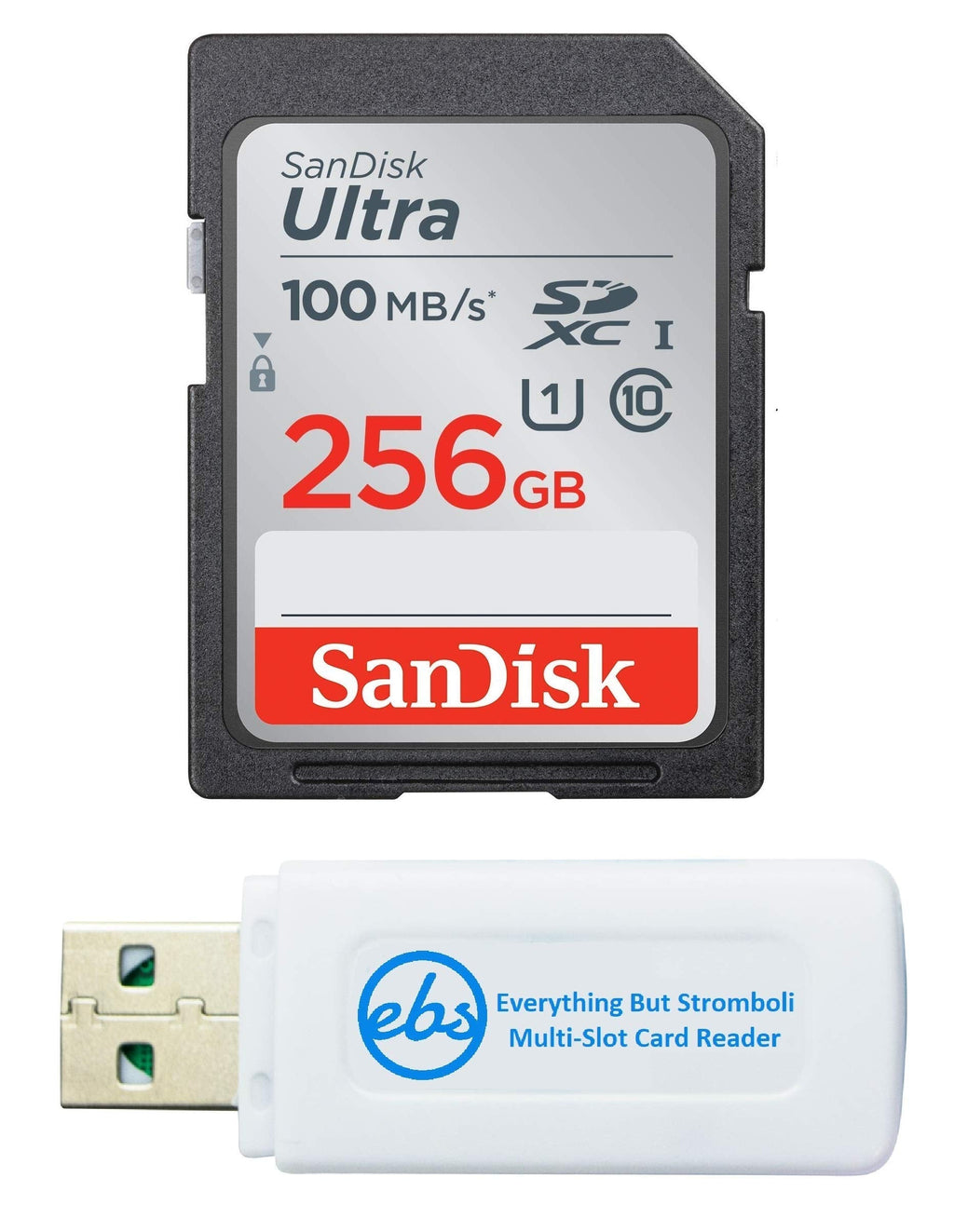 SanDisk 256GB SD Ultra Memory Card for Canon Powershot Camera Works with SX720 HS, SX730 HS, SX740 HS (SDSDUNR-256G-GN6IN) Bundle with (1) Everything But Stromboli SDXC & Micro Card Reader