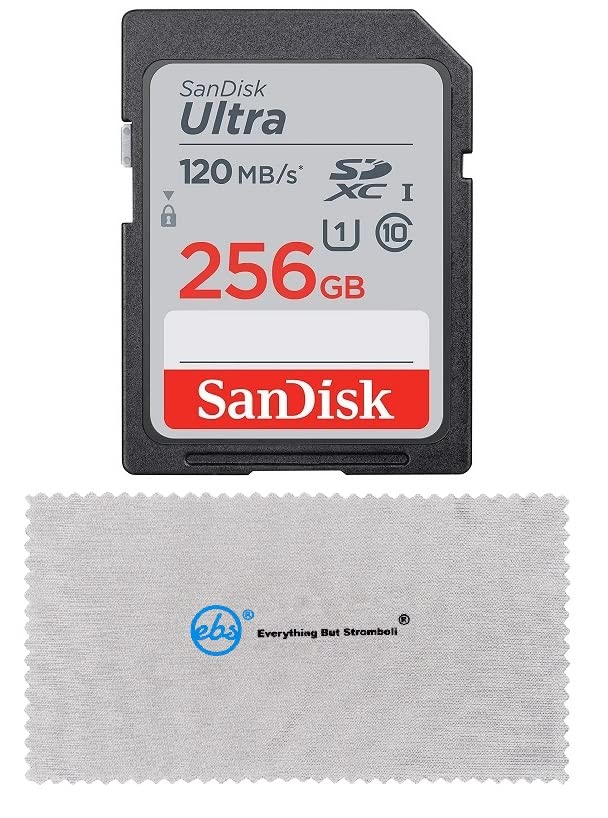 SanDisk SD Ultra Memory Card Works with Canon EOS M200, M100, M50, M5, M6 Mirrorless Camera (SDSDUN4-256G-GN6IN) Bundle with (1) Everything But Stromboli Micro Fiber Cloth (Class 10 256GB) Class 10 256GB