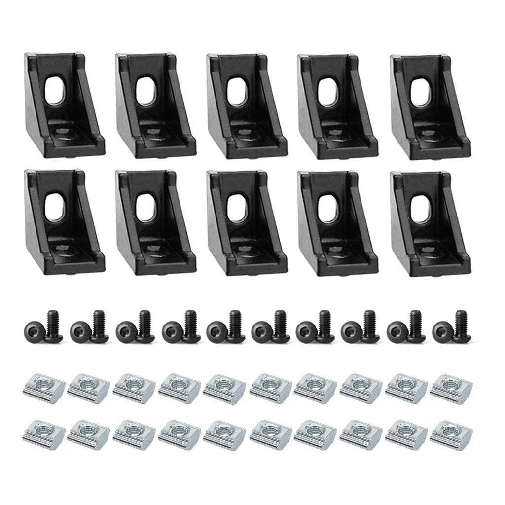10Sets Black 2020 Series Aluminum Profile Connector Set, 10pcs Corner Bracket, 20pcs T Nuts and Hex Screw Bolt for Slot 6mm 20S Aluminum Rail Accessories